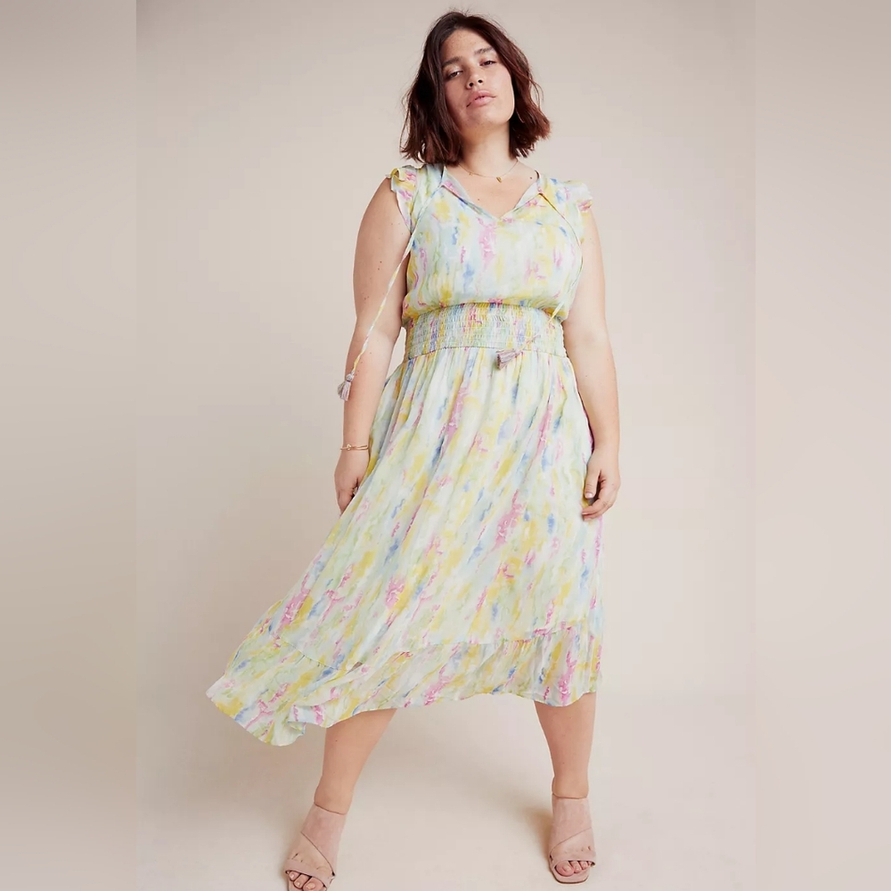 Antropologie Watercolor Sleeveless Shifon Smocked Waist Maxi Dress* Multi*Sz12